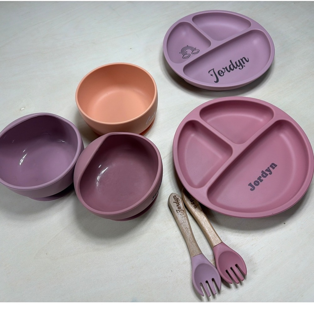 Silicone Baby Suction Plate Bowl Fork Feeding Set Personalized Jordyn Luna Pink